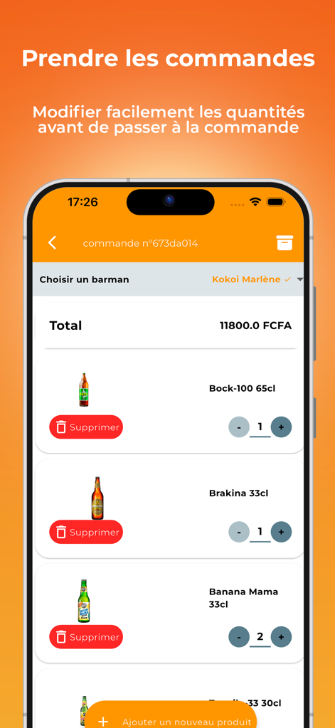 E-maquis: Serveur/Serveuse - E-maquis app interface for servers to take and manage beverage orders on a mobile device