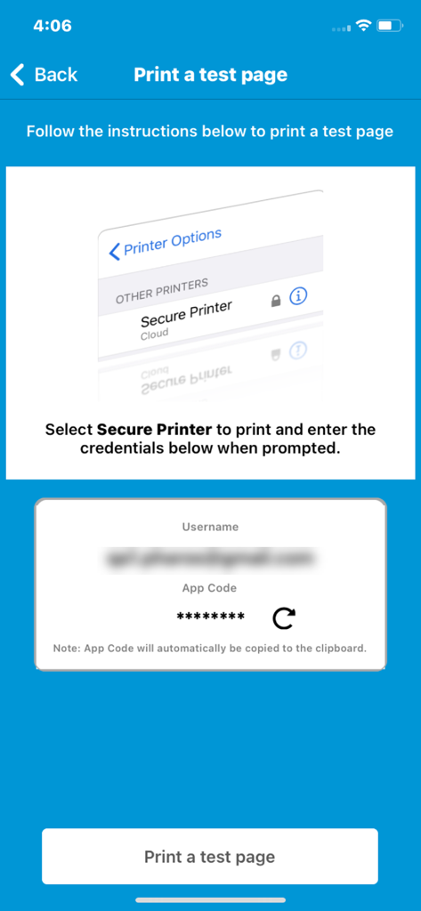 HP JetAdvantage Secure Print - Una pantalla en la aplicación HP JetAdvantage Secure Print que proporciona instrucciones para imprimir una página de prueba e introducir credenciales seguras.
