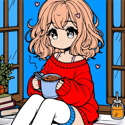 cute anime girl reading book and drinking hot chocolate from mug with loose wavy hair wearing a baggy sweatshirt and shorts sitting by windowsill looking out