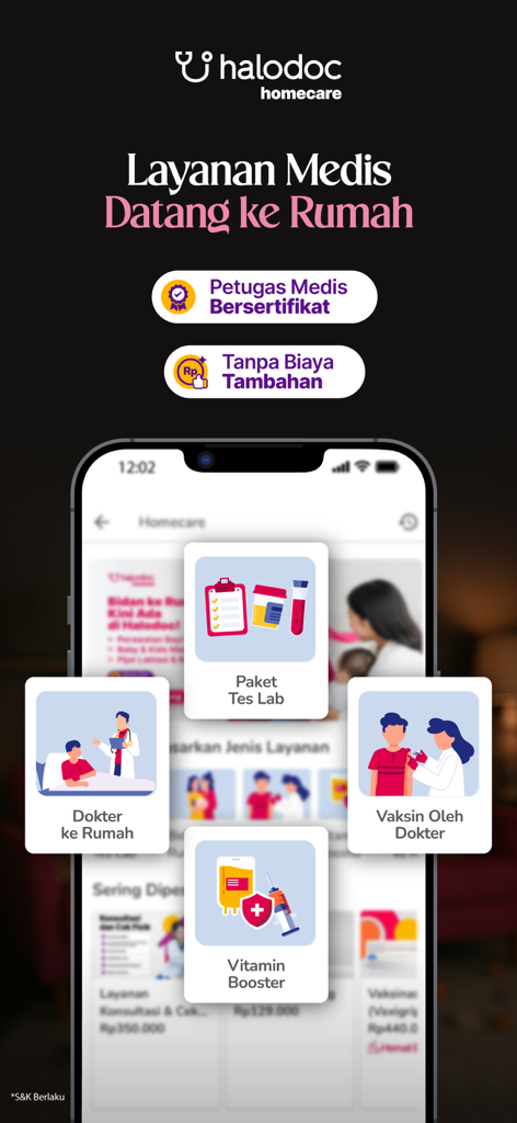 Halodoc mobile app interface displaying homecare services like lab tests and doctor house calls