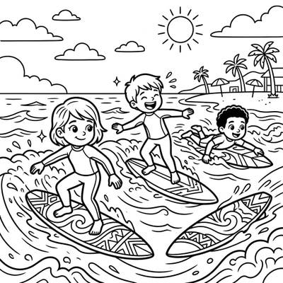 Get ready for a splash of fun with this exciting surfing coloring page, perfect for young adventurers! Watch as happy child surfers conquer gentle waves, bringing the joy of the beach to life with your favorite colors.