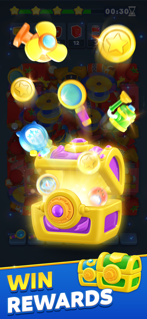 Match Hotel - 3D Puzzle Game - A glowing treasure chest opening to reveal rewards and items in the Match Hotel game