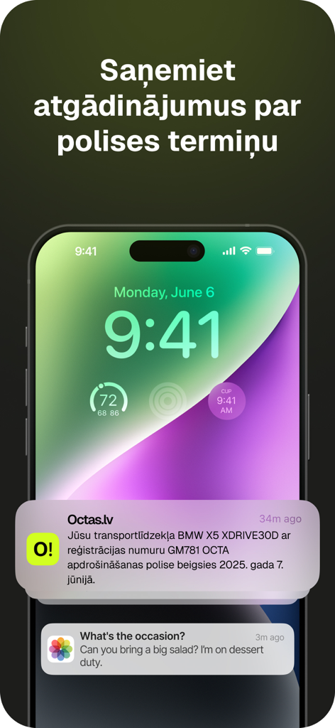 Octas.lv - apdrošināšana - Schermata di blocco dell'iPhone che mostra una notifica di promemoria per la scadenza di una polizza assicurativa dall'app Octas.lv
