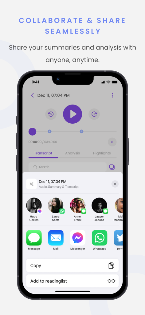 Pantalla de iPhone que muestra el menú de compartir en la app Lugh AI notes para colaborar y enviar resúmenes