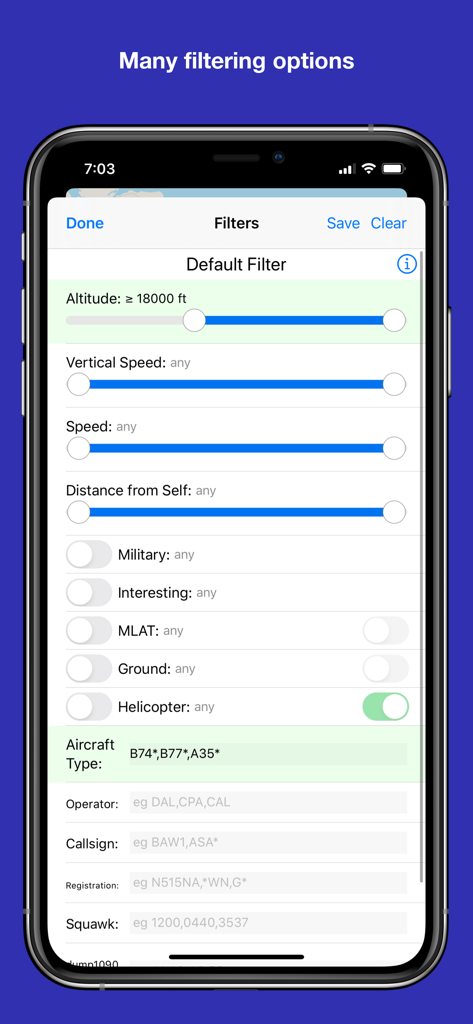 Advanced aircraft filtering menu in the OpenADSB app showing sliders for altitude and speed alongside category toggles