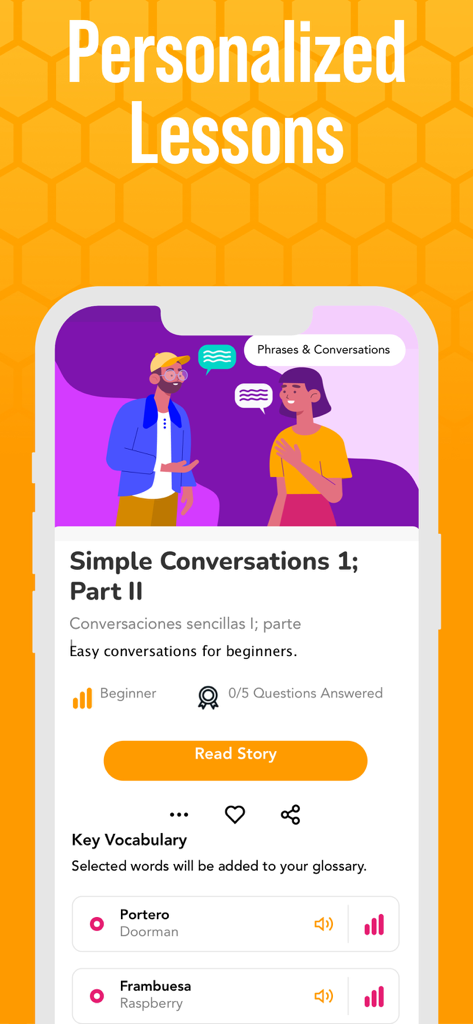 Beelinguapp: Language Learning - Interface of Beelinguapp showing a personalized lesson for simple conversations with key vocabulary terms