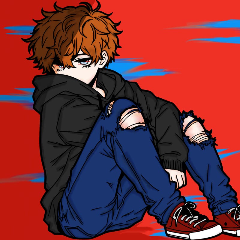 a male hoddie ripped jeans messy hair anime
