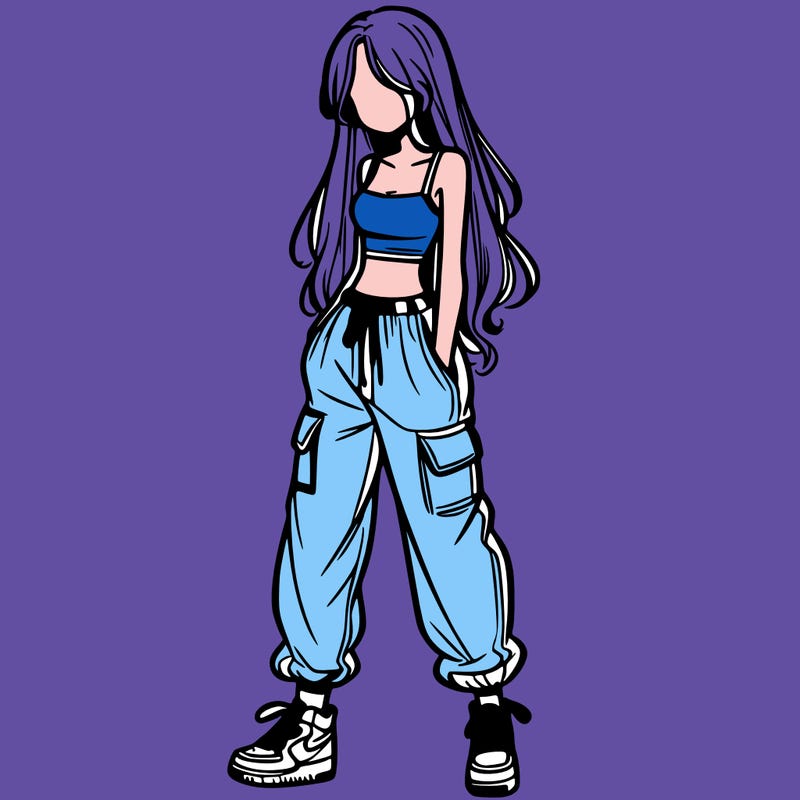 girl in baggy pants crop top and long hair