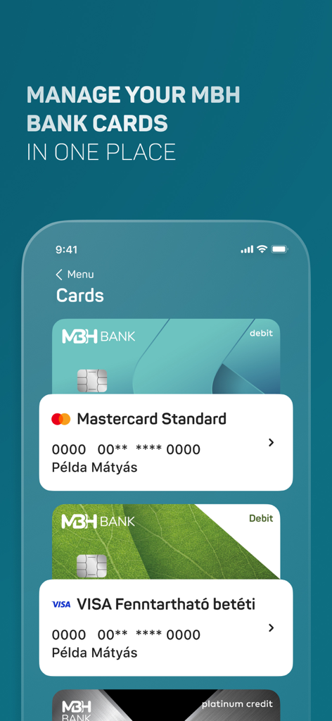 Interfaz de la aplicación MBH Bank que muestra una lista de tarjetas de débito y crédito gestionadas
