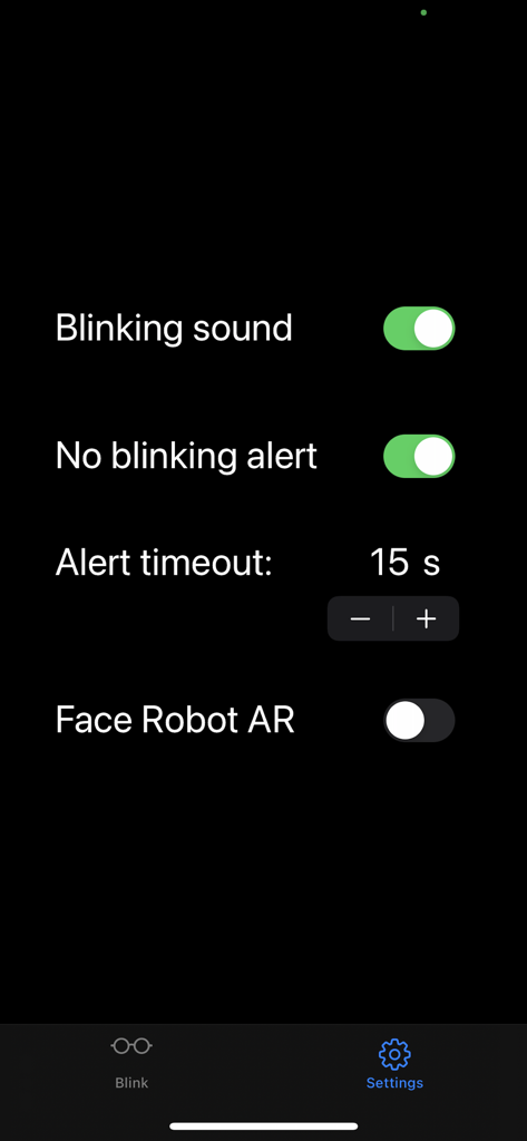 Eyeblinkr - Eyeblinkr app settings menu showing options for blinking sound alerts and timeout duration.