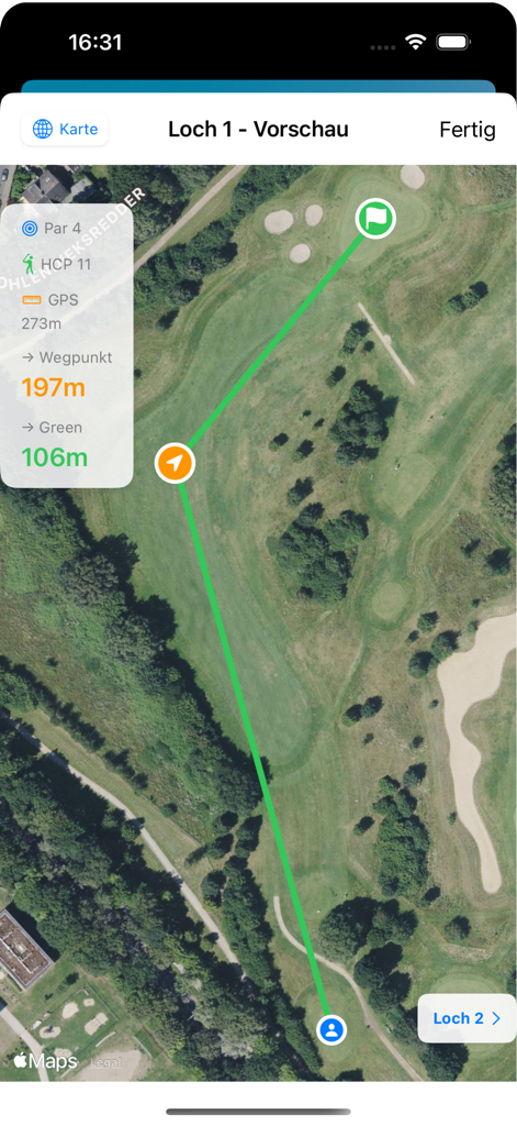 StrokeTap- Simple Golf Counter - A satellite map view of a golf hole showing distances to a waypoint and the green