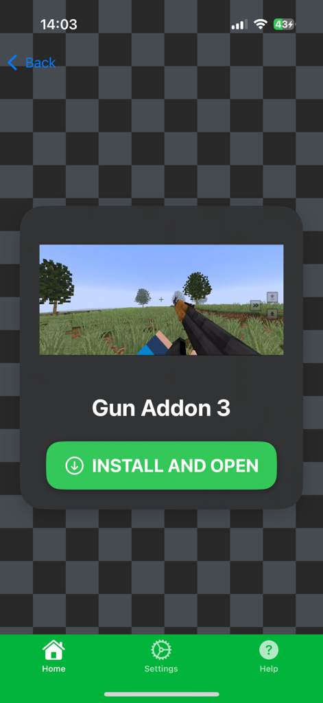 Installationsbildschirm für Gun Addon 3 mit einer Ego-Gameplay-Vorschau und einer grünen Installationsschaltfläche