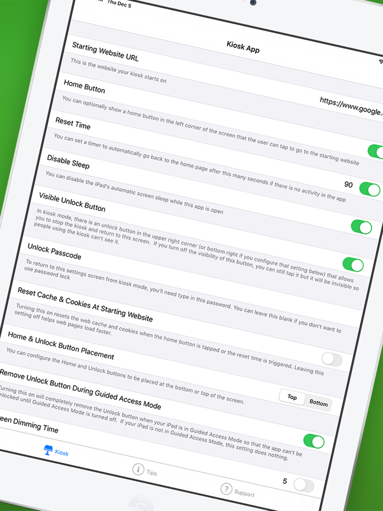 Kiosk+ - Configuration settings of the Kiosk plus app on an iPad for managing digital kiosks.