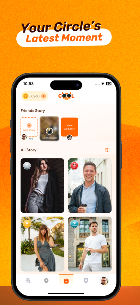Cool Match: Voice & Video Chat - Cool Match mobile app interface showing user stories and social discovery feed