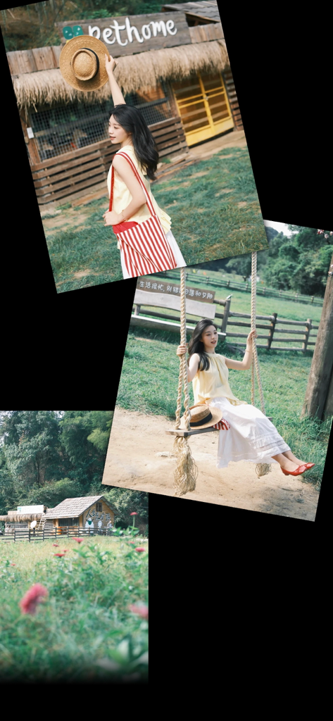 inFi Cam - Vintage film camera - A collage of three aesthetic photos with vintage film grain effects featuring a woman in a park and a rustic cottage.