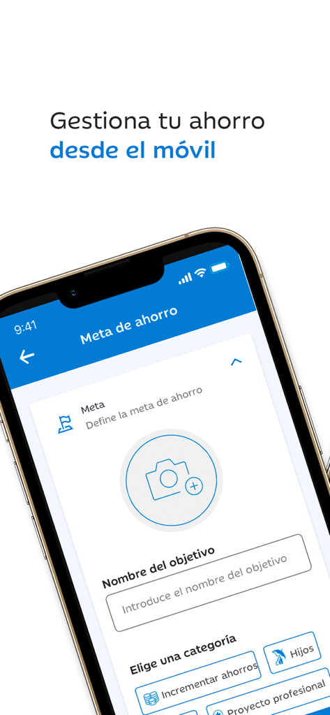 Interface of the Ibercaja mobile app showing the setup for a new savings goal including name and category selection.