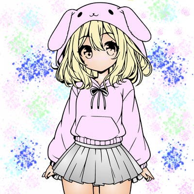 pretty anime girl wearing a fluffy hoodie with bunny ears on the hood and a skirt