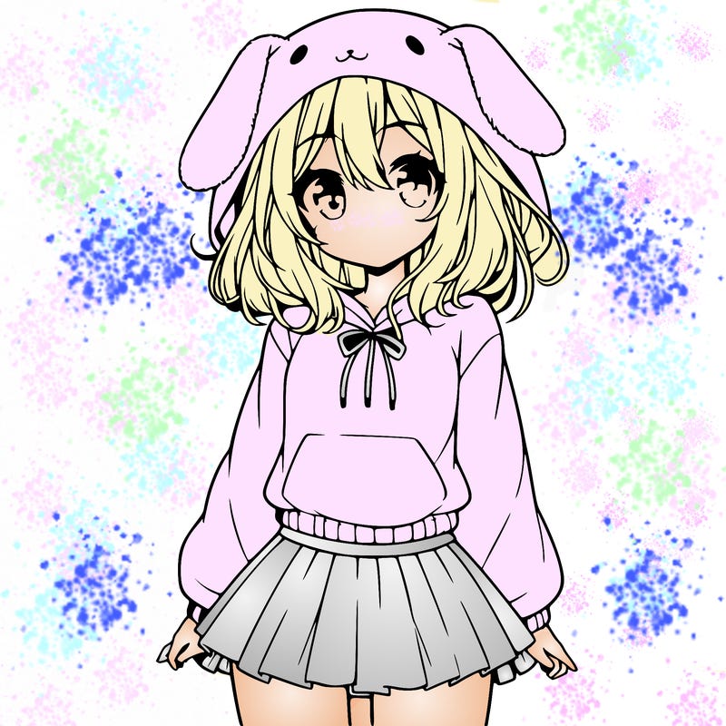 pretty anime girl wearing a fluffy hoodie with bunny ears on the hood and a skirt