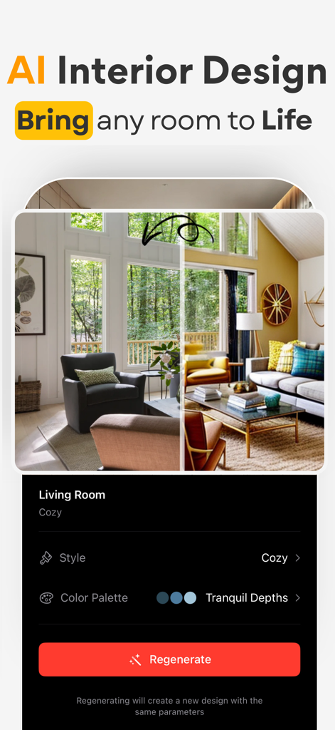 AI Home Design: Interior ARCAI - Interface de um aplicativo de design de interiores com IA mostrando uma comparação de reforma de sala de estar