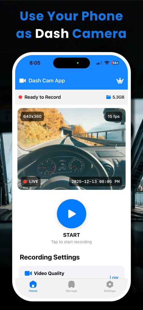 DashCamアプリのホーム画面。ライブ道路プレビューと録画開始ボタンが表示されている。