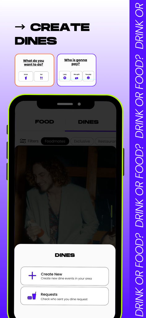 Tasteit: Connecting Foodmates - Screenshot of the Tasteit app showing the Create Dines feature with options for choosing activities and bill payment preferences