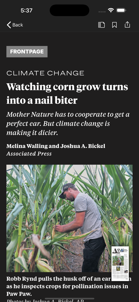 Climate change news article about corn crops on The Ann Arbor News app
