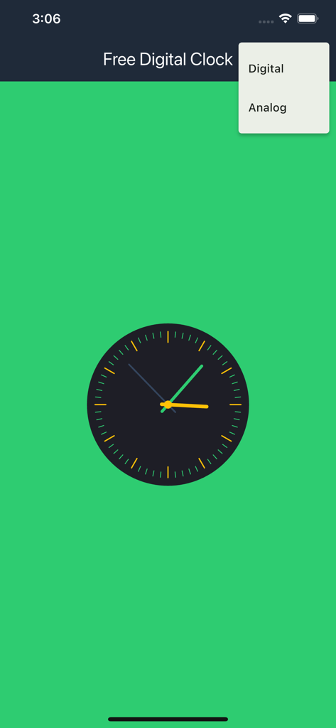 Digital Analog Clock - Vollbild-Analoguhr-Oberfläche mit grünem Hintergrund und Menü zur Modellauswahl