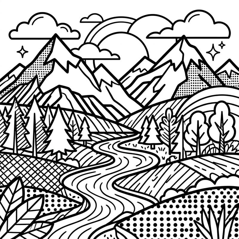 Immerse yourself in a dynamic Pop Art landscape, ready for your creative touch! This unique coloring page masterfully blends the beauty of nature with iconic comic-book style.