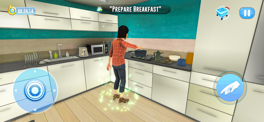 Virtual Mom Sim Game - Personaje de mamá virtual preparando el desayuno en una simulación de cocina 3D.