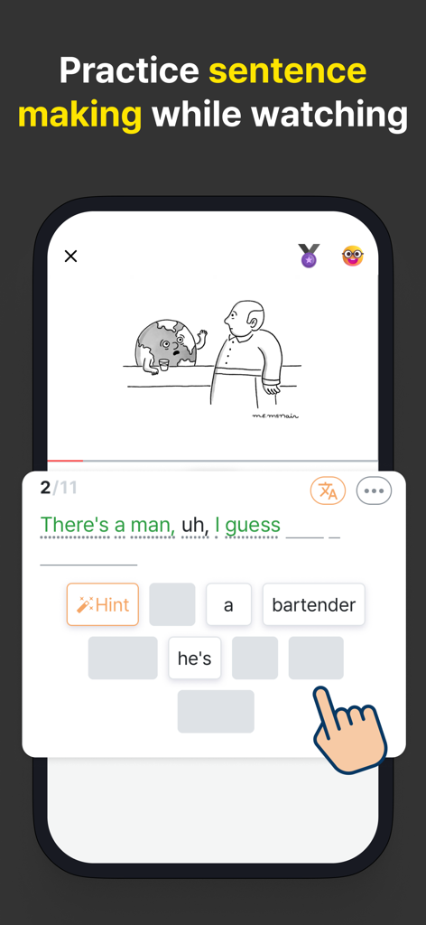 RedKiwi app interface showing a sentence making exercise while watching a video clip
