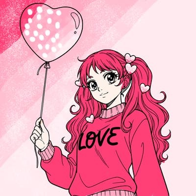 girl with no backround with a valentines day balloon in her hand holding it by the string. make her be facing the side but looking at the camera. have her have a cute valentines day sweater on. make her waist and up be showing. make her have cute pigtails with long hair. with cute hearts in her hair. make her hair be white. make her sweater just say the word love in cursive. nothing else on the sweater. make her hair be long and wavy