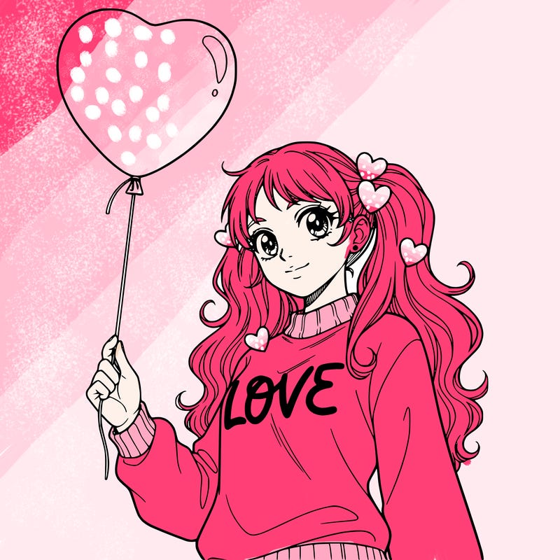 girl with no backround with a valentines day balloon in her hand holding it by the string. make her be facing the side but looking at the camera. have her have a cute valentines day sweater on. make her waist and up be showing. make her have cute pigtails with long hair. with cute hearts in her hair. make her hair be white. make her sweater just say the word love in cursive. nothing else on the sweater. make her hair be long and wavy