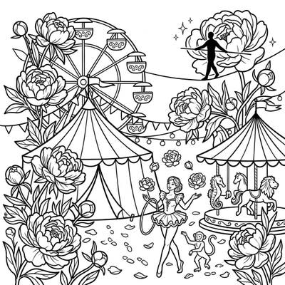 Step into a magical world where the beauty of wild peonies meets the excitement of a vibrant carnival circus. This unique coloring page offers an enchanting blend of natural elegance and thrilling fairground fun.
