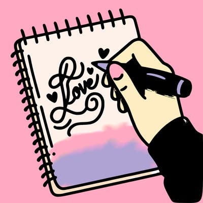 a hand writing “love” in calligraphy on a notebook