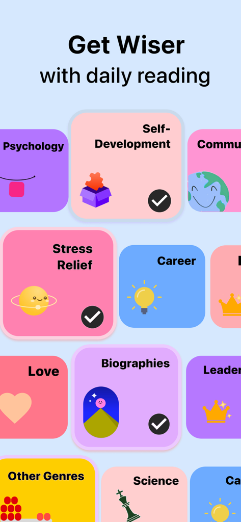 Interfaz de la aplicación BookLand que muestra una cuadrícula de categorías de resúmenes de libros como Psicología, Autodesarrollo y Carrera