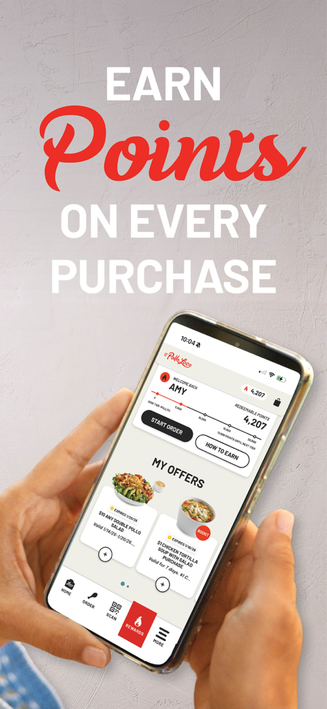 El Pollo Loco - Loco Rewards - Interfaz de la aplicación El Pollo Loco que muestra los puntos ganados y ofertas de comida personalizadas