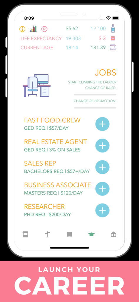 Hobo Real Life Simulator job list screen showing career paths from fast food crew to researcher with educational requirements