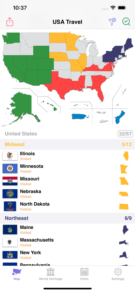 USA Travel: I've Been in US - Interfaz de la aplicación USA Travel que muestra un mapa coloreado y una lista de estados visitados.