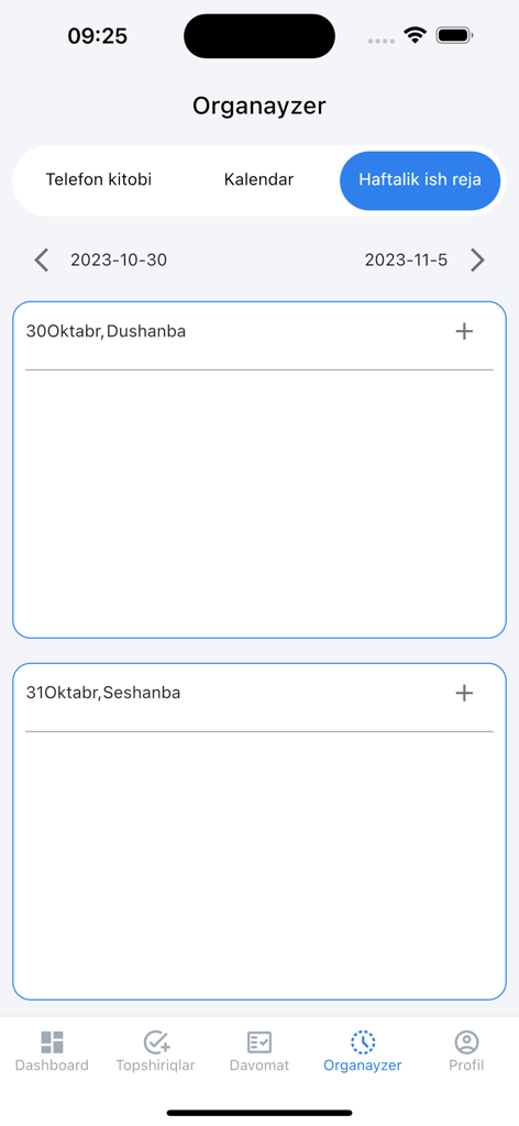 Smart Officе - Une capture d'écran de l'application mobile Smart Office montrant une interface de planification et d'organisation hebdomadaire du travail