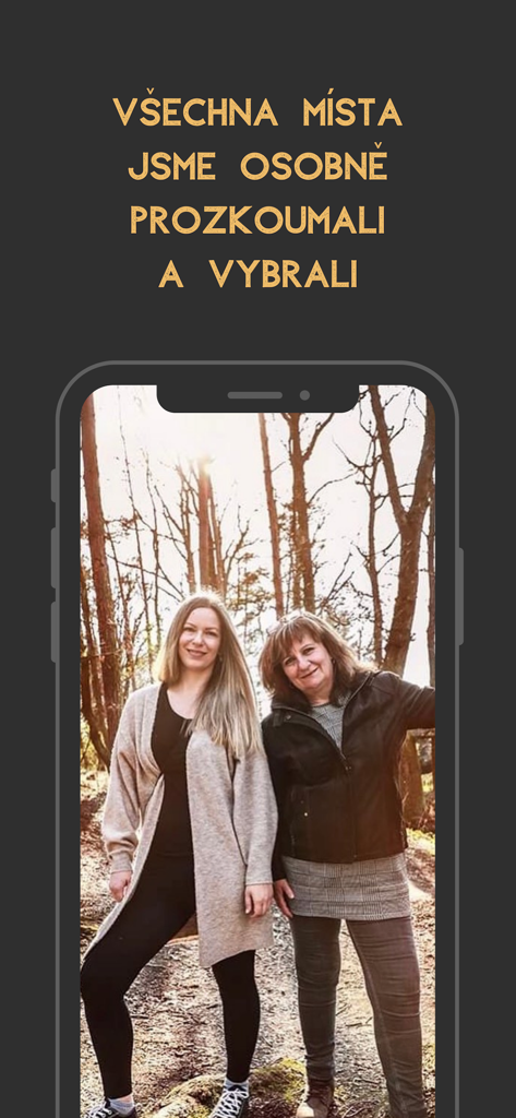 Founders Krista and Eva featured on a smartphone screen with text highlighting that all travel locations are personally explored and selected