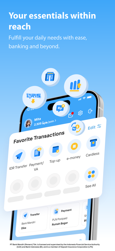 Interface de l'application Livin by Mandiri affichant le tableau de bord avec des transactions favorites, y compris les options de transfert IDR, de recharge et de retrait sans carte.