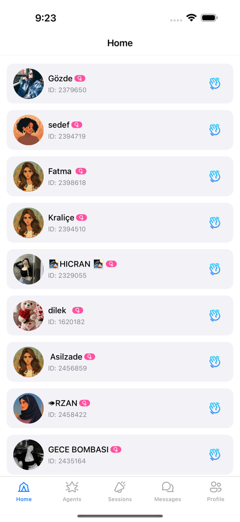 Sahra Chat app interface showing a list of user profiles on the home screen