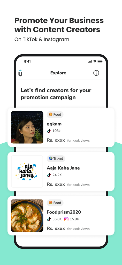 Explore screen of the Uptrendly app showing profiles of content creators for brand promotion campaigns