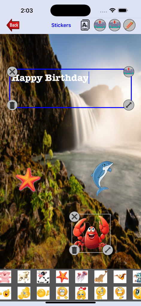 My-Photos - A screenshot of the My-Photos app interface showing a waterfall photo being edited with stickers and a Happy Birthday text message.