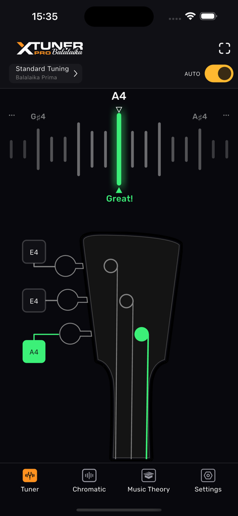 Balalaika Tuner – XTuner PRO - Interface of the XTuner PRO Balalaika app showing standard tuning mode and a visual guide of the instrument head.