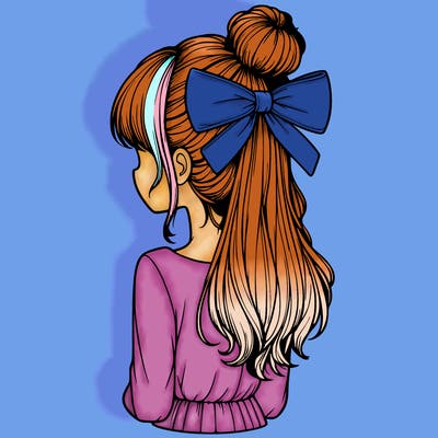realistic girl  with hip length hair a bun and a big bow on the back of head