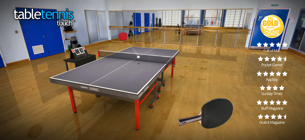 Table Tennis Touch - Juego de Table Tennis Touch que muestra una cancha interior realista y valoraciones de prensa