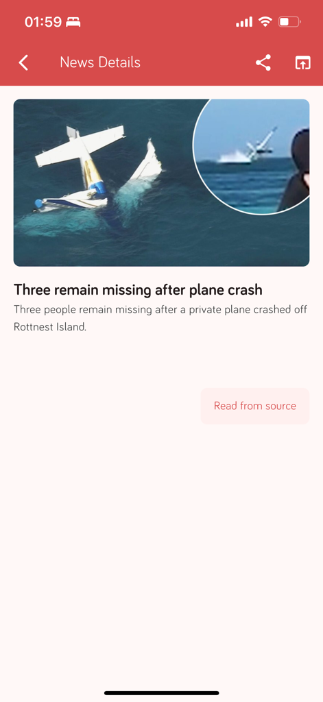 Australian Papers - Uma página de detalhes de notícias no aplicativo Australian Papers apresentando uma manchete sobre a queda de um avião e uma imagem dos destroços na água.
