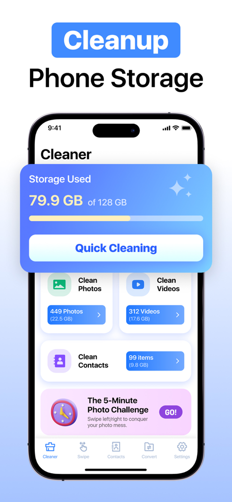 Cleaner: Phone Cleanup App - Interface of the Cleaner app showing phone storage usage and quick cleaning options for photos and videos