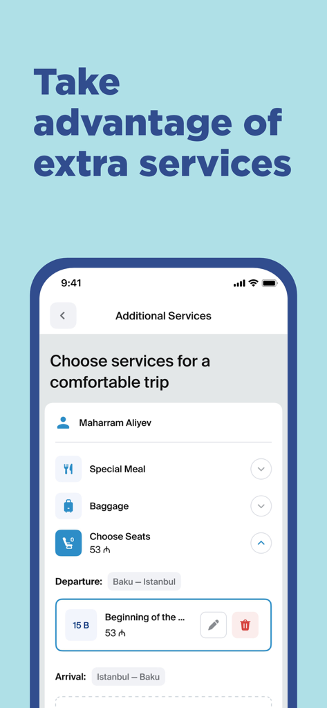 AZAL - Book Flight Ticket - AZAL mobile app screen for choosing extra flight services like meals and seat selection